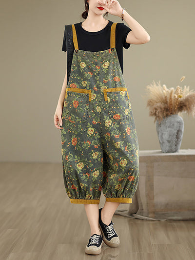 Women Summer Flower Denim Cropped Jumpsuits