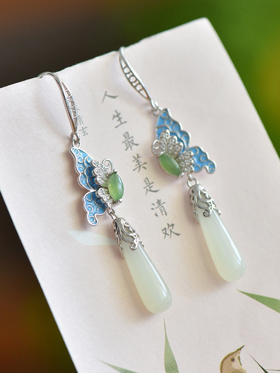 Women Ethnic Jade Enamel Butterfly S925Silver Earrings