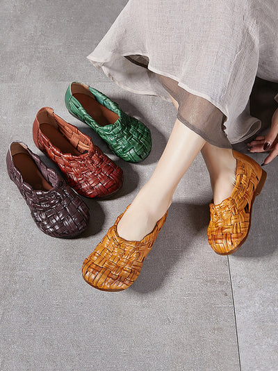 Women Summer Casual Leather Weave Low Heel Shoes