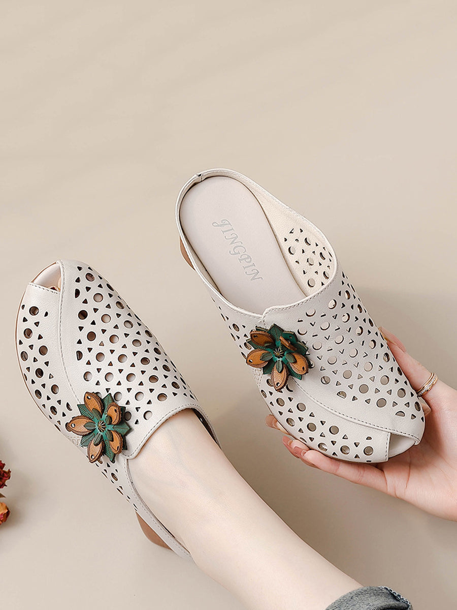 Women Summer Genuine Leather Flower Mid Heel Slippers