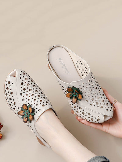 Women Summer Genuine Leather Flower Mid Heel Slippers
