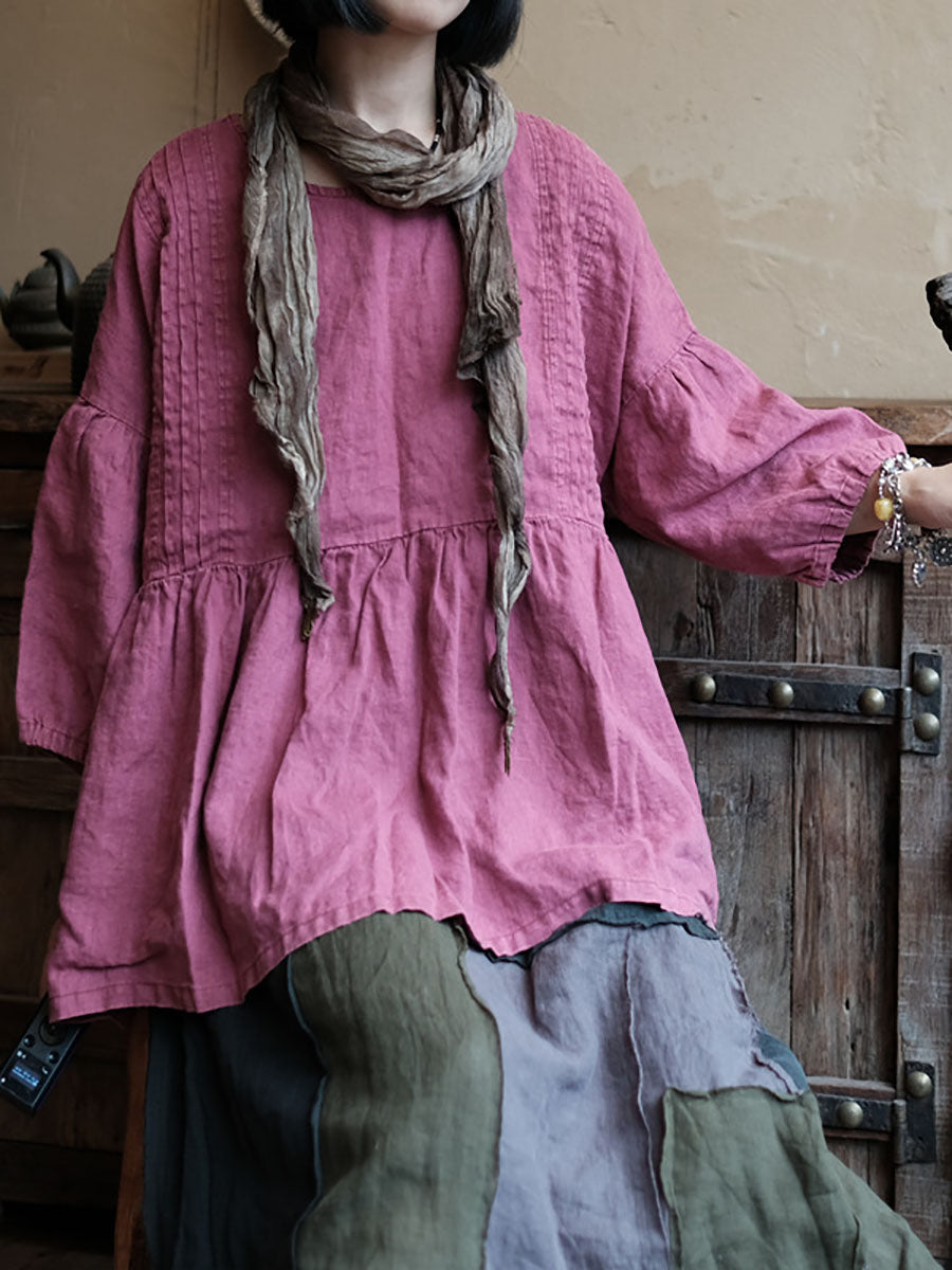 Women Vintage Artsy Worn Shirred Loose Shirt