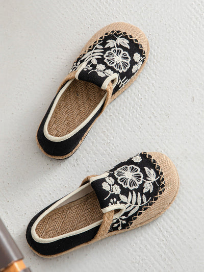 Women Ethnic Flower Embroidery Canvas Flat Shoes