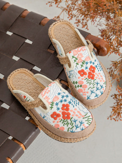 Women Summer Ethnic Flower Embroidery Cotton Slippers