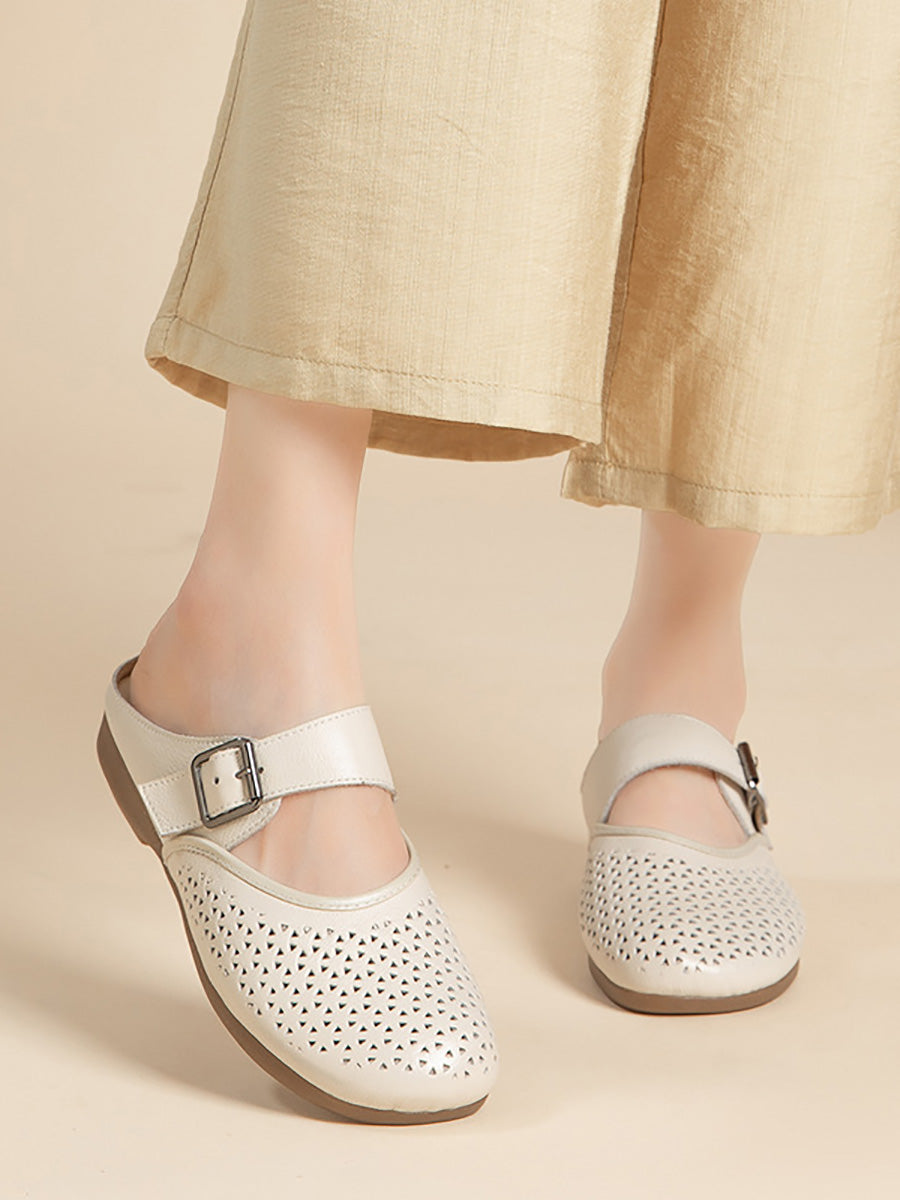 Women Vintage Genuine Leather Low Heel Slippers