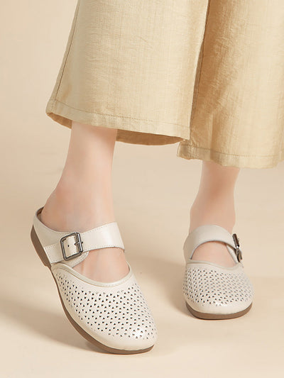 Women Vintage Genuine Leather Low Heel Slippers