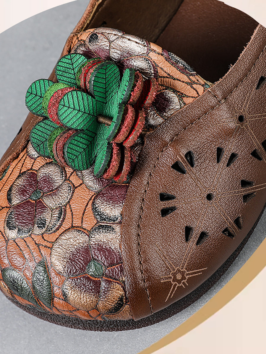 Women Summer Ethnic Flower Leather Spliced Shoes