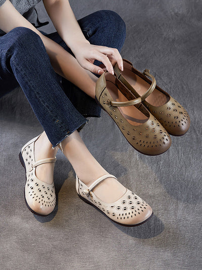 Women Summer Genuine Leather Hollow Out Low Heel Shoes