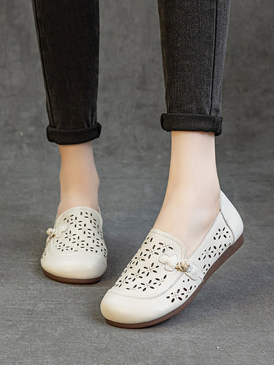 Women Vintage Genuine Leather Hollow Out Flat Shoes