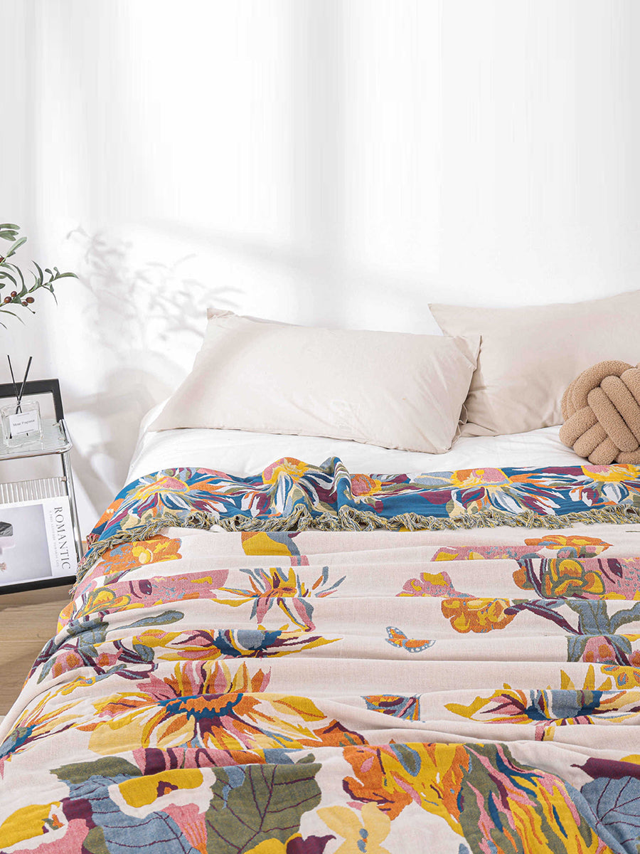 100%Cotton Flower Bedcover Tassel Sofa Blanket