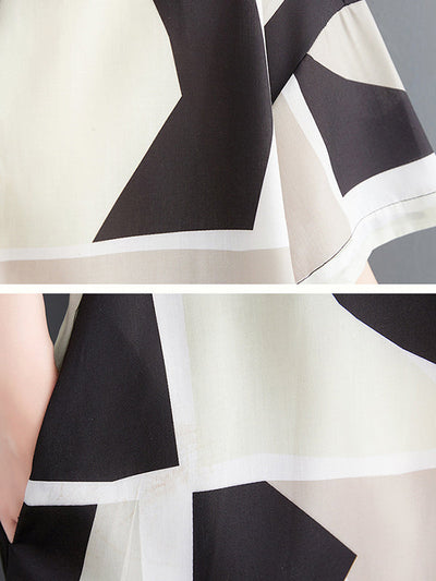 Loose Oversize Color-Block Printed Lapel Midi Dresses Shirt Dress