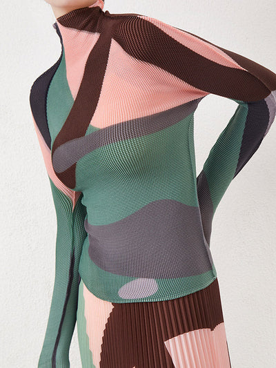 Long Sleeves Contrast Color Pleated Mock Neck T-Shirts Tops