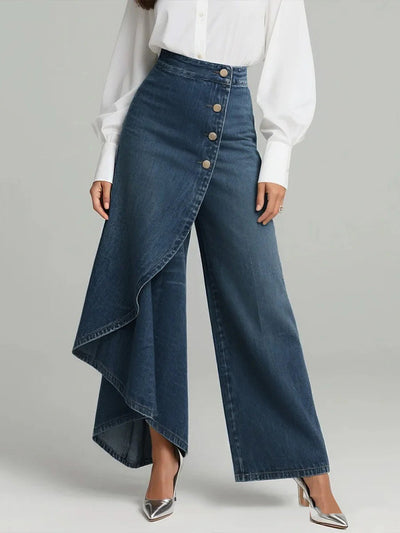 High Waisted Irregularity Buttoned Layered Pockets Solid Color Split-Joint Jean Pants Bottoms