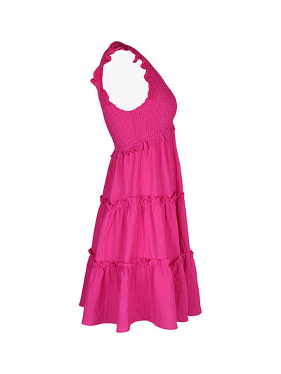 Loose Sleeveless Ruffle Trim Solid Color Split-Joint Deep V-Neck Mini Dresses