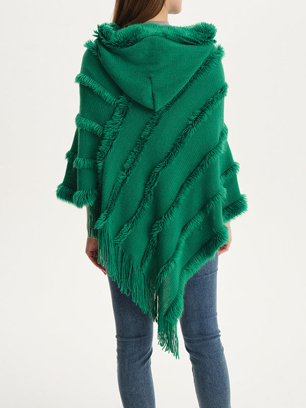 Hooded Keep Warm Solid Color Tasseled Cape Shawl&Cloak