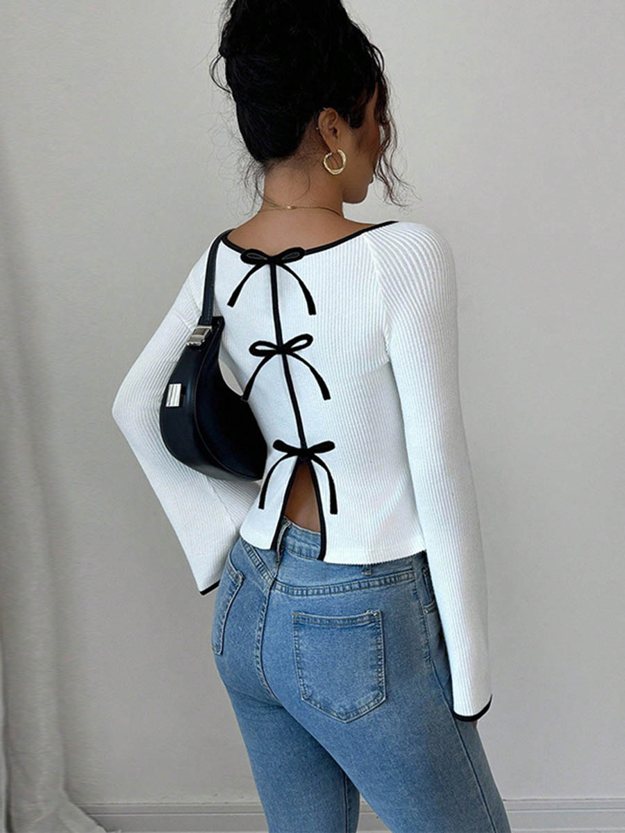 Long Sleeves Contrast Color Ribbed Knit Split-Joint Round-Neck Blouses&Shirts Tops