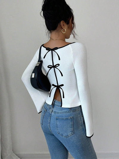 Long Sleeves Contrast Color Ribbed Knit Split-Joint Round-Neck Blouses&Shirts Tops