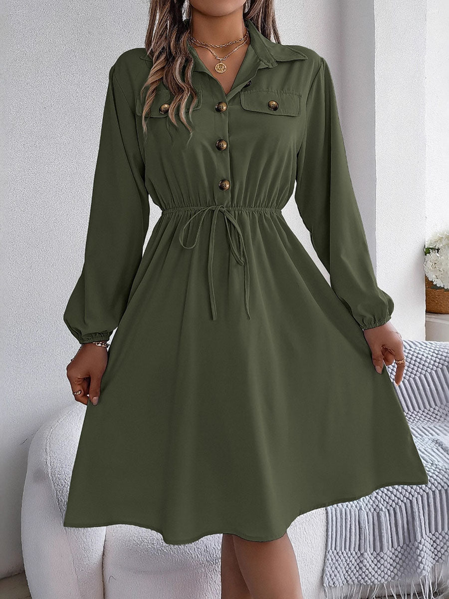 A-line Long Sleeves Buttoned Pleated Solid Color Tied Lapel Midi Dresses Shirt Dress