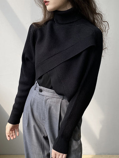 Long Sleeves Asymmetric Solid Color Split-Front High-Neck Knitwear Pullovers Sweater