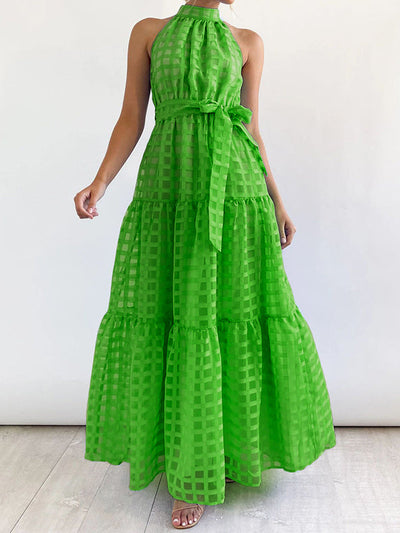 Loose Sleeveless Plaid Ribbed Stand Collar Maxi Dresses