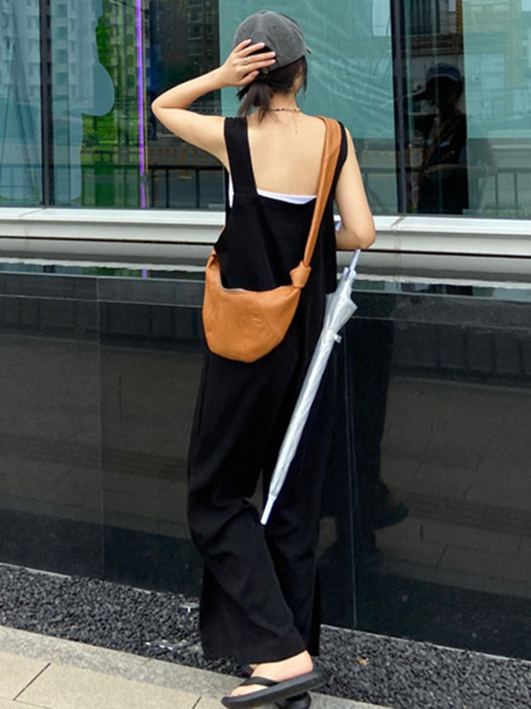 Original Creation Sleeveless Loose Solid Color Square-Neck Overalls
