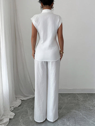 Short Sleeves Buttoned Solid Color Tied Lapel T-Shirt Top + Pockets Pants Bottom Two Pieces Set