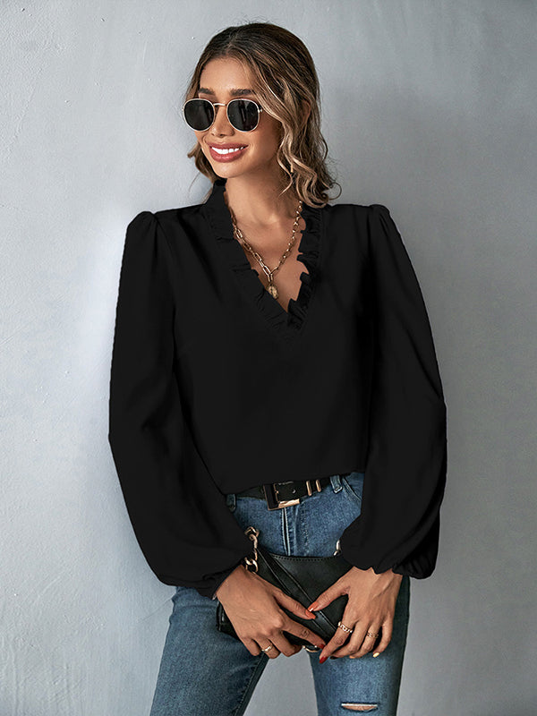 Casual Puff Sleeves Loose Falbala Solid Color V-Neck Blouses&Shirts Tops