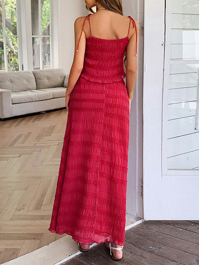 Loose Sleeveless Pleated Solid Color Spaghetti-Neck Vest Top + Drawstring Skirts Bottom Two Pieces Set