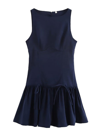 A-Line Loose Pleated Solid Color Split-Joint Zipper Round-Neck Mini Dresses