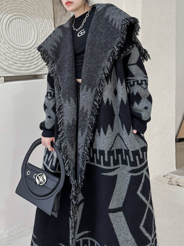 Long Sleeves Loose Contrast Color Geometric Split-Joint Tasseled Lapel Outerwear Overcoat