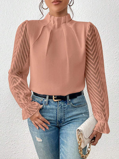 Long Sleeves Loose Elasticity Mesh Pleated Solid Color Mock Neck Blouses&Shirts Tops