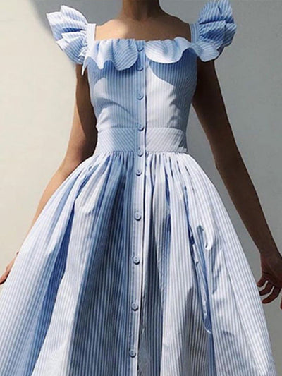 A-Line Loose Buttoned Pleated Ruffle Trim Striped Square-Neck Maxi Dresses