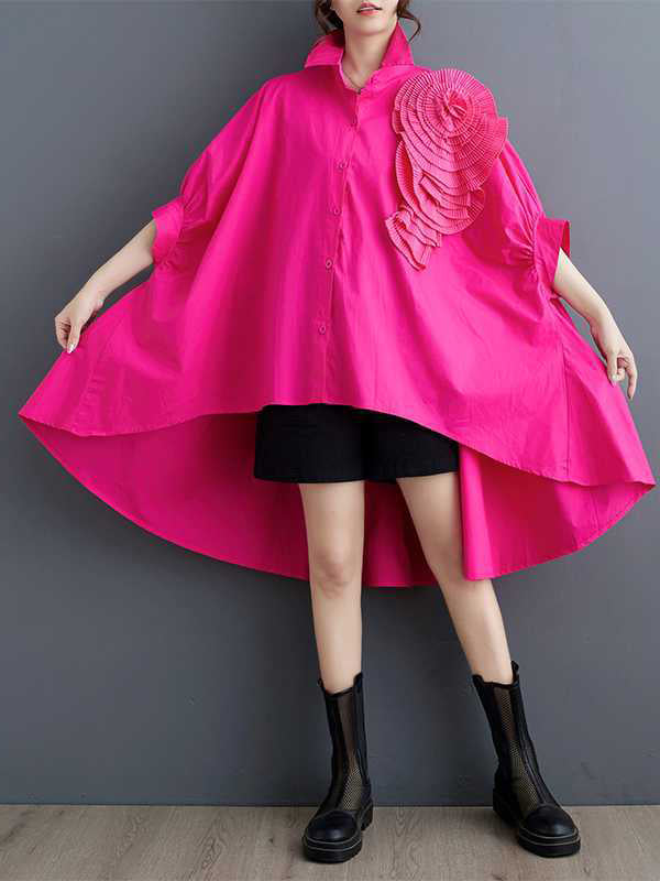 Batwing Sleeves Half Sleeves Asymmetric Buttoned Pleated Solid Color Three-Dimensional Flower Lapel Blouses&Shirts Tops