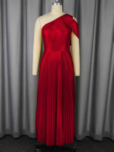 A-Line High Waisted Asymmetric Pleated Shiny Solid Color Split-Joint Zipper One-Shoulder Maxi Dresses