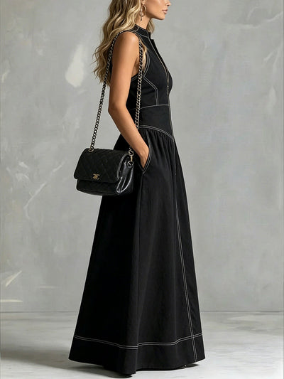 A-Line High Waisted Pleated Pockets Solid Color Zipper Stand Collar Maxi Dresses
