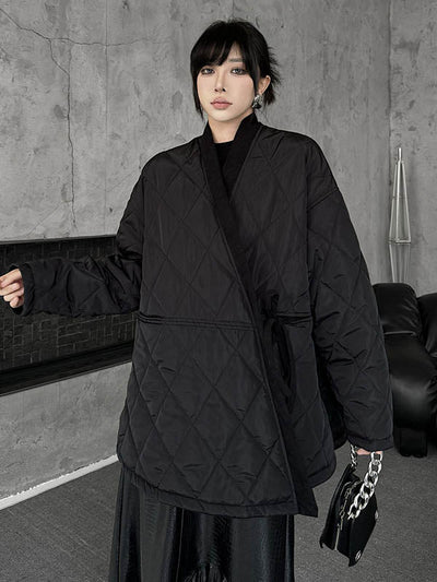 Long Sleeves Loose Plaid Quilted Solid Color Split-Joint Tied Collarless Outerwear Padded Coat