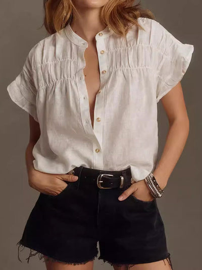 Loose Short Sleeves Pleated Ruffled See-Through Split-Joint Round-Neck Blouses&Shirts Tops