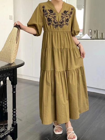 Bishop Sleeve Loose Embroidered Pleated V-Neck Midi Dresses