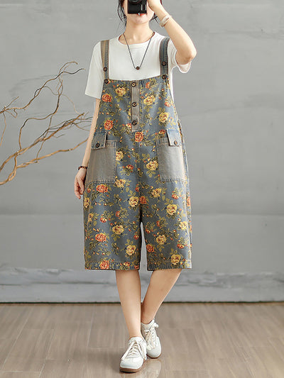 Women Summer Artsy Flower Denim Short Jumpsuits