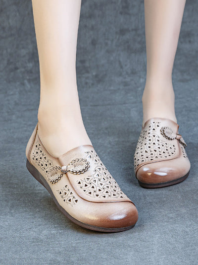 Women Summer Genuine Leather Hollow Out Low Heel Shoes