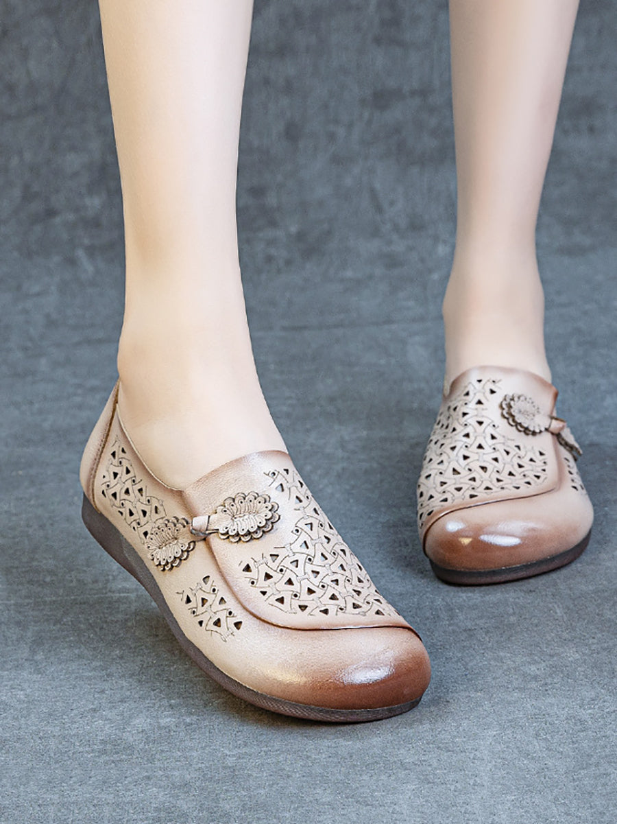 Women Summer Genuine Leather Hollow Out Low Heel Shoes