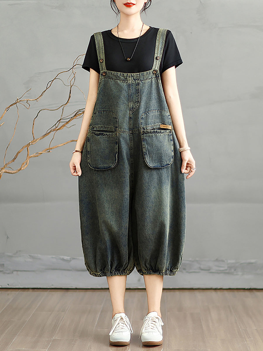 Women Summer Worn Pure Color Denim Cropped Jumpsuits