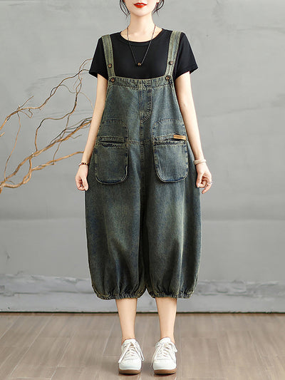 Women Summer Worn Pure Color Denim Cropped Jumpsuits