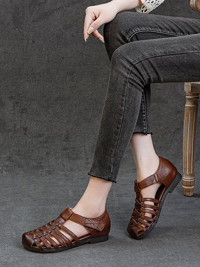 Women Vintage Summer Leather Cross Weave Sandals