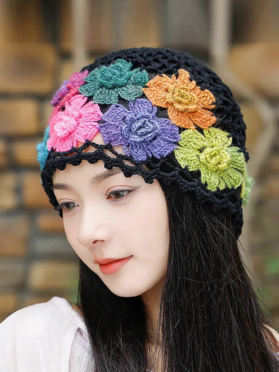 Women Artsy Colorful Flower Knit Hat
