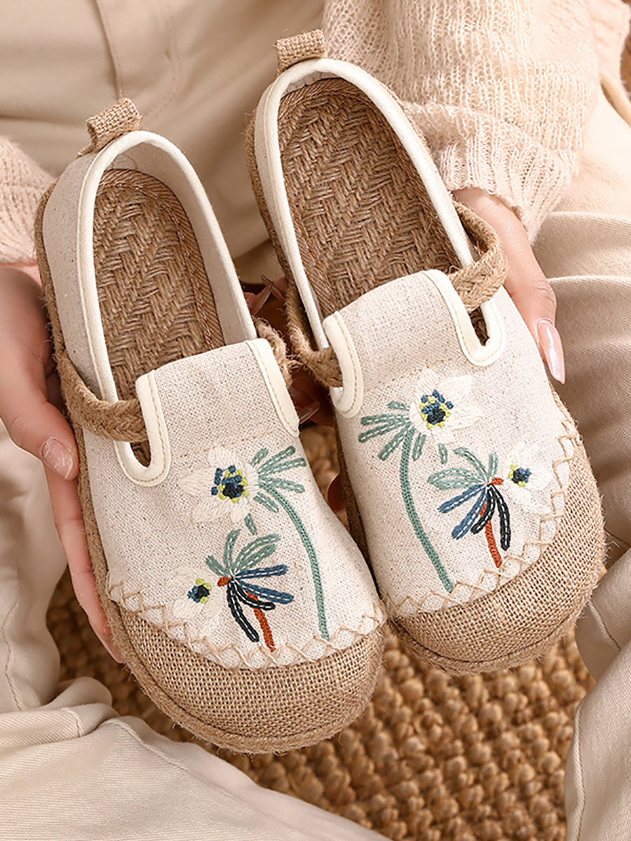 Women Ethnic Flower Embroidery Cotton Linen Shoes