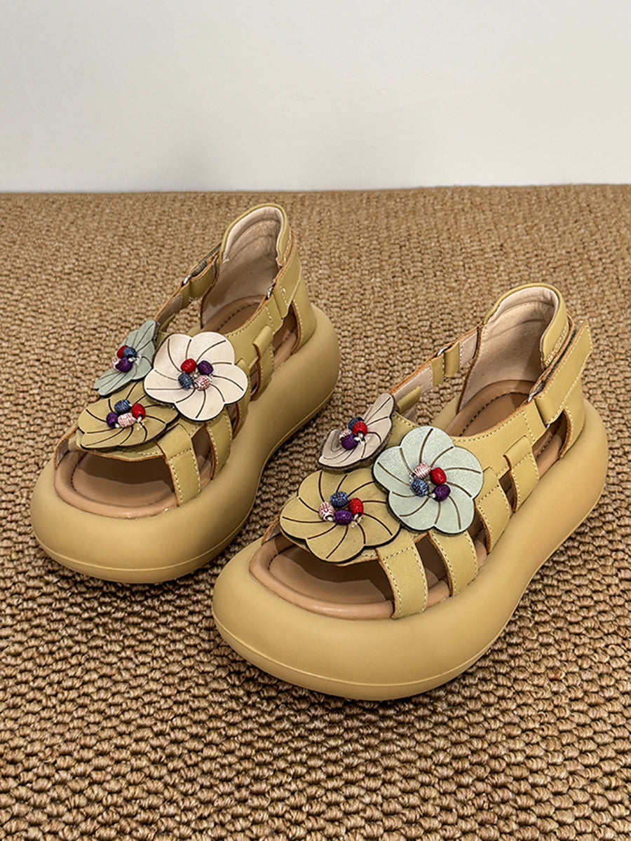 Women Casual Artsy Leather Flowe Platform Sandals