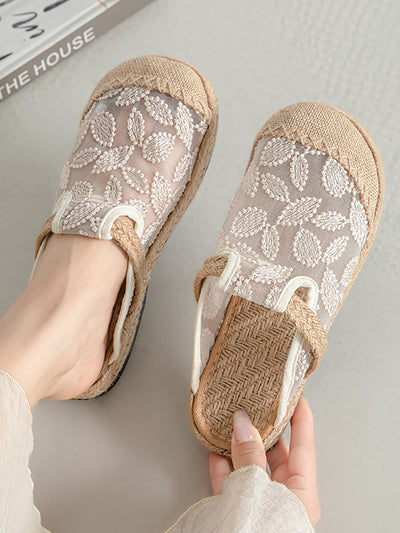 Women Summer Ethnic Linen Flower Embroidery Flat Shoes