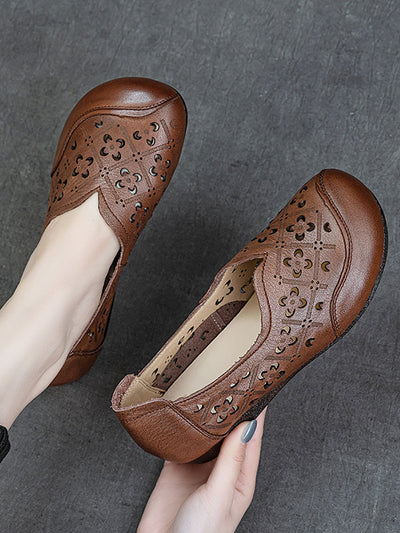 Women Soft Genuine Leather Hollow Out Low Heel Shoes
