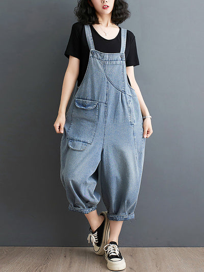 Plus Size Women Summer Solid Casual Loose Denim Jumpsuits